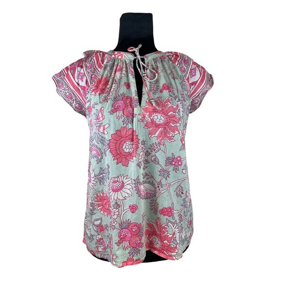 Anthropologie Jennifer & Grace Colorful Floral Short Puff Sleeve Blouse - Picture 1 of 10